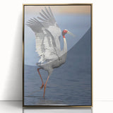 Framed wall art featuring a crane design in gold tones, showcasing elegant details and contemporary style, ideal for modern home decor accents.