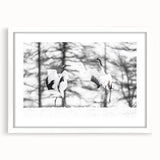 Elegant wall art featuring a crane design framed in white with a mat, showcasing a minimalist aesthetic perfect for modern home decor. Ideal for enhancing living spaces or offices with a touch of nature-inspired beauty.