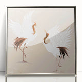 Framed wall art featuring a silver-accented crane design, showcasing elegant birds in flight against a minimalist backdrop, ideal for modern decor styles.