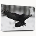Acrylic glass wall art featuring a striking design of a crow and raven, displayed from the side with visible mounting pins, perfect for modern home decor.