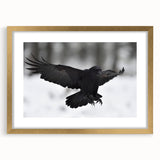 Stylish wall art featuring a crow and raven design, framed in gold with a mat for an elegant finish, perfect for enhancing modern decor.