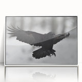 Framed wall art featuring a striking design of crows and ravens in black and white, set against a sleek white background, perfect for modern home decor.