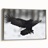 Framed wall art featuring a striking design of a crow and raven, elegantly displayed with a gold frame, perfect for enhancing modern home decor.