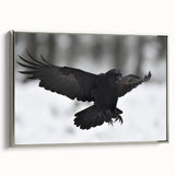 Framed canvas wall art featuring a detailed design of a crow and a raven, presented in a sleek silver frame, showcasing intricate textures and contrasting colors, ideal for bird lovers and modern decor enthusiasts.