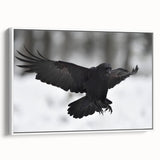 Framed canvas wall art showcasing a detailed design of crows and ravens, featuring a white border, ideal for modern home decor, enhancing any living space.