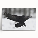 Stretched canvas wall art featuring a detailed design of a crow and raven, showcasing intricate black and gray feathers against a muted background, perfect for nature-inspired decor.