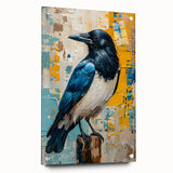 Acrylic glass wall art featuring a striking design of crows and ravens, displayed in a side view with decorative pins, perfect for bird lovers and home decor.