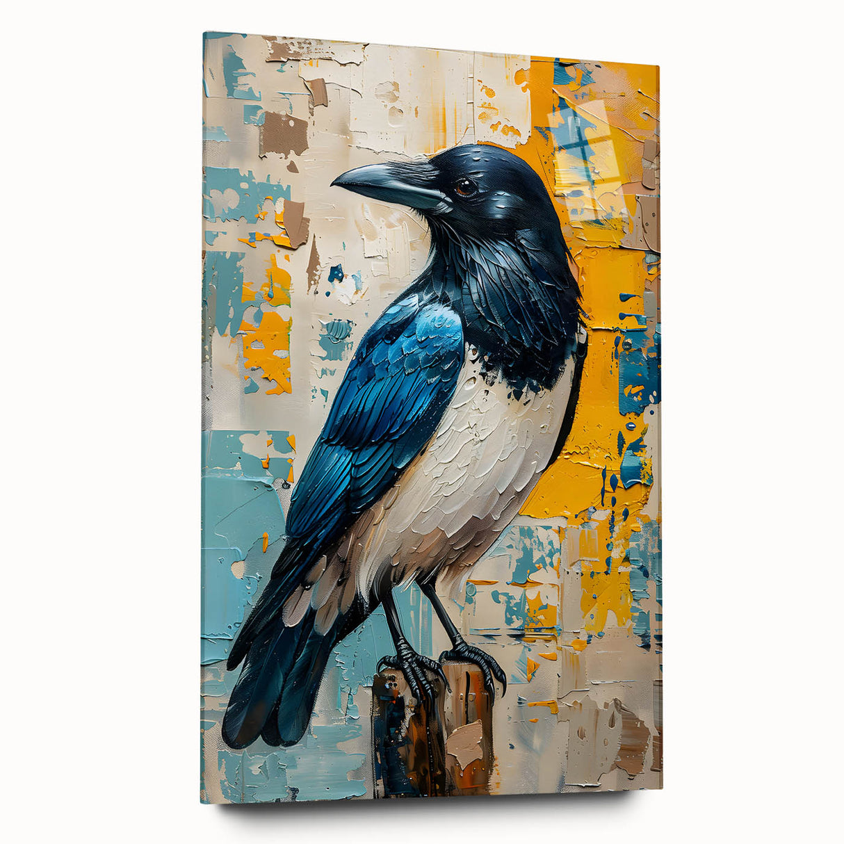 Side view of a wall art collection featuring a crow and raven design printed on acrylic glass, showcasing intricate details and vibrant colors, perfect for modern decor.