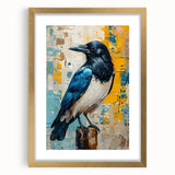 Framed wall art featuring a striking design of a crow and raven, presented in a gold frame with a white mat, perfect for enhancing modern home decor.