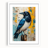 Framed wall art design showcasing a crow and raven motif with a white mat, ideal for enhancing home decor and adding a touch of nature-inspired elegance.