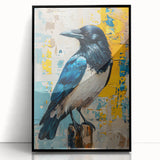 Framed wall art featuring a striking design of a crow and raven, showcasing intricate details in black and white against an acrylic background, ideal for modern decor.