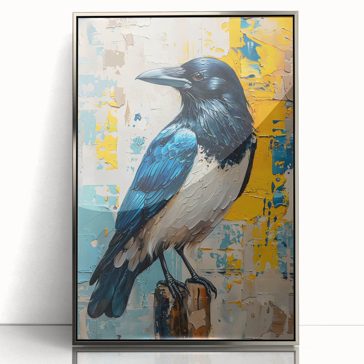 Framed wall art featuring a striking design of a crow and raven in a silver acrylic frame, ideal for adding a touch of nature-inspired elegance to home decor.