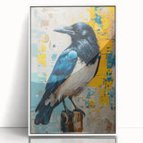 Framed wall art featuring a striking design of a crow and raven in black and white acrylic, showcasing intricate details against a sleek white frame, ideal for modern home decor.