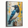 Framed canvas wall art featuring a striking design of a crow and raven, showcased from the side view. The artwork's bold black tones enhance any modern decor.