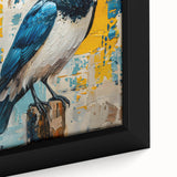 Close-up of a framed canvas wall art featuring a detailed design of crows and ravens, showcasing their intricate feathers and contrasting colors, perfect for bird enthusiasts.