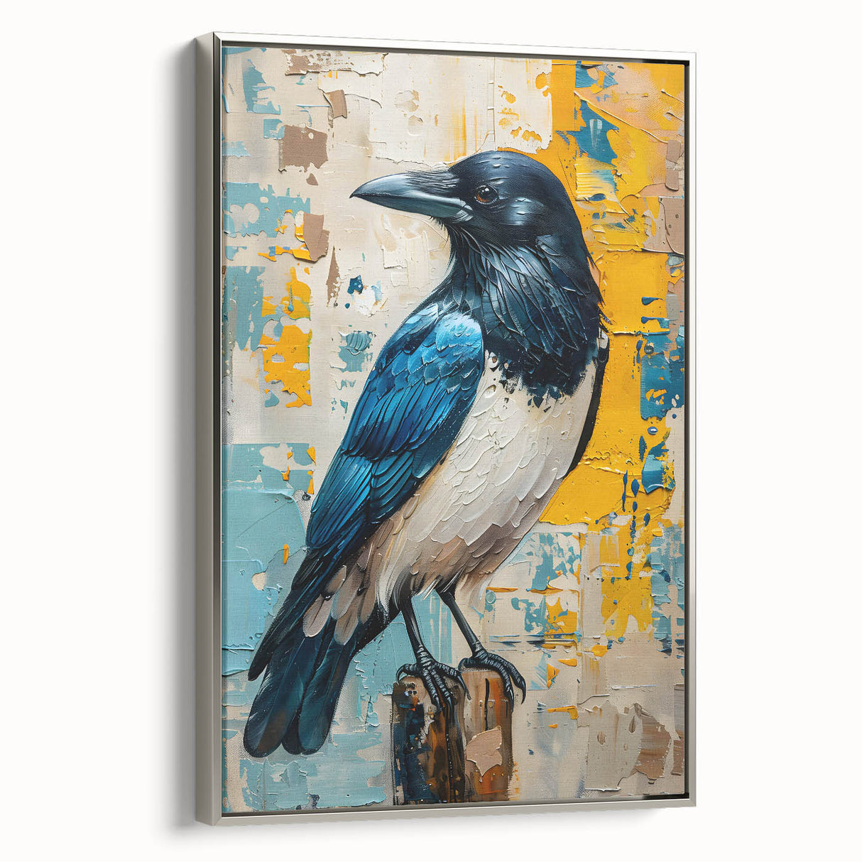 Framed wall art featuring a detailed design of a crow and raven, elegantly displayed in a silver frame, showcasing intricate textures and dark hues. Perfect for bird lovers and modern decor enthusiasts.