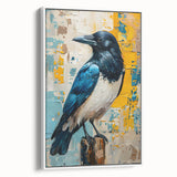 Framed canvas wall art showcasing a striking design of a crow and raven in a monochrome color scheme, perfect for modern home decor. The artwork is displayed from a side view, highlighting the frame's sleek white finish.