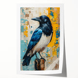 Rolled print showcasing a striking design of a crow and raven, beautifully detailed in bold black and white, ideal for nature-themed home decor or bird lovers.