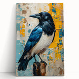 Stretched canvas wall art showcasing a detailed crow and raven design, featuring deep black and grey tones, ideal for adding a dramatic touch to home decor.