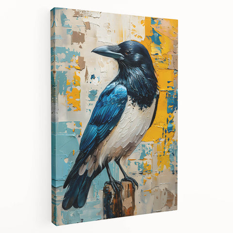 Stretched canvas wall art featuring a detailed design of crows and ravens against a dark background, perfect for enhancing modern home decor.