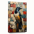 Side view of an acrylic glass wall art piece showcasing a crow and raven design, elegantly displayed with pins, featuring rich black and white details perfect for modern decor.
