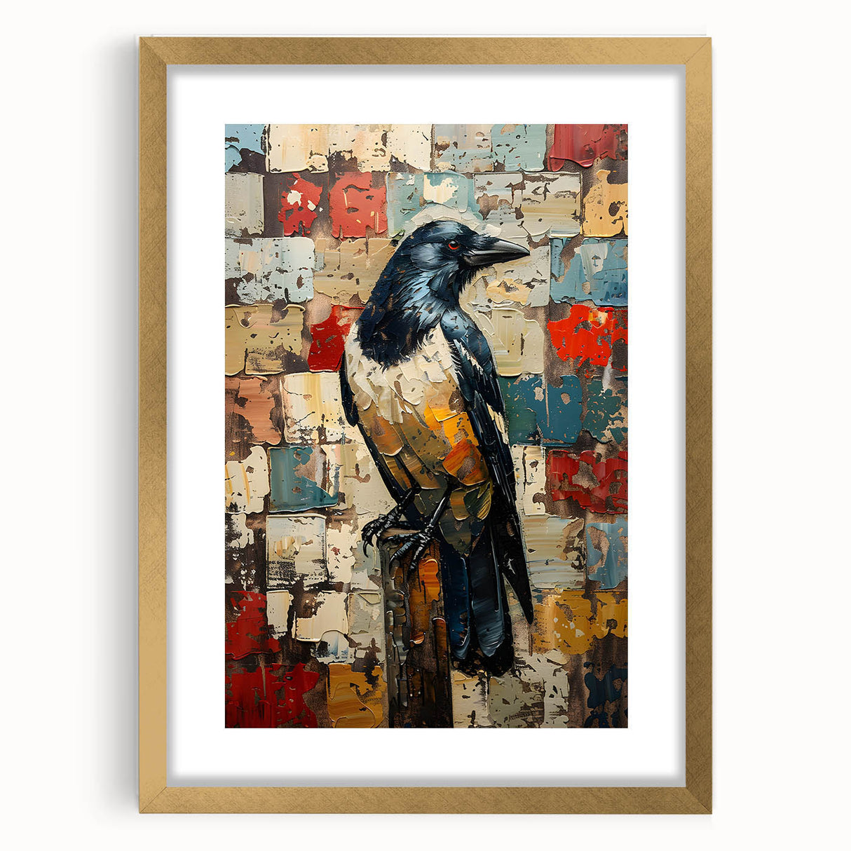Framed wall art featuring a crow and raven design in intricate detail, set against a gold mat, perfect for enhancing home decor with its elegant aesthetic.