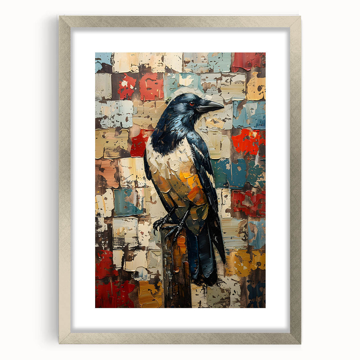 Framed wall art showcasing a detailed design of a crow and raven, set in a sleek silver frame with a mat, ideal for enhancing modern decor.