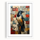 Framed wall art design featuring a crow and raven illustration in black and white, surrounded by a white mat, ideal for modern home decor.