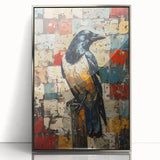 Framed wall art featuring a striking design of a crow and raven in intricate detail, set against a silver background, perfect for adding a touch of nature-inspired elegance to any space.