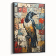 Framed canvas wall art featuring a detailed design of a crow and raven, showcasing intricate black illustrations on a white background, ideal for home decor.