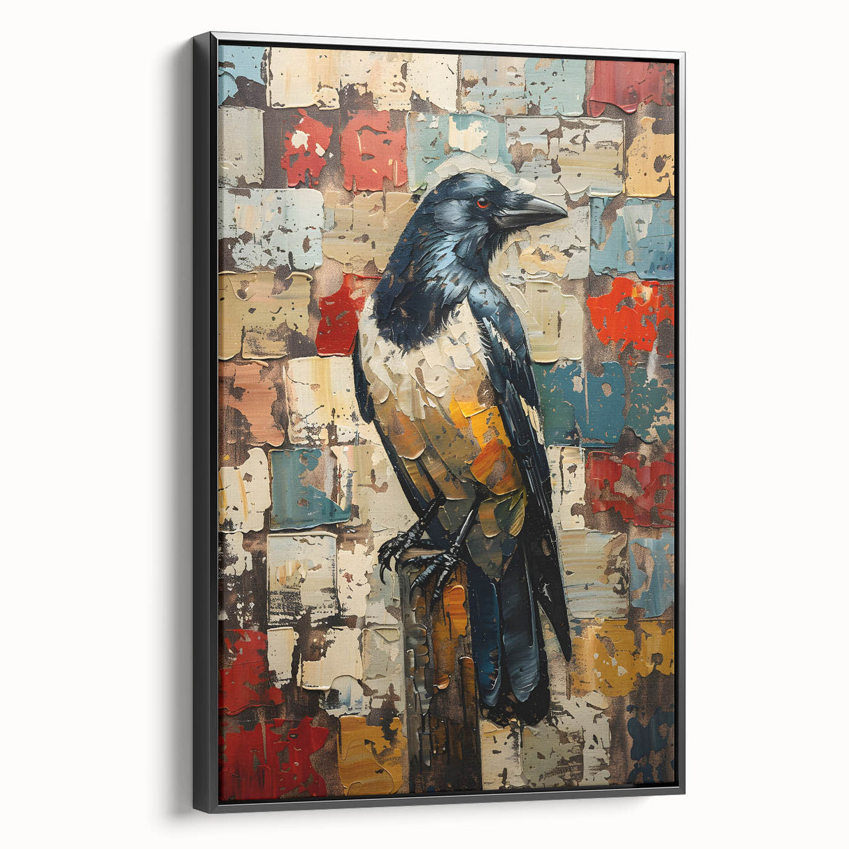 Framed canvas wall art featuring a detailed design of a crow and raven, showcasing intricate black illustrations on a white background, ideal for home decor.