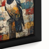 Close-up of a framed canvas artwork featuring a detailed design of a crow and raven, showcasing intricate textures and bold colors, perfect for modern decor.