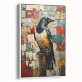 Framed wall art featuring a crow and raven design on a white canvas, displayed from the side, showcasing intricate details and elegant framing perfect for modern decor.