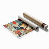 Close-up of a rolled wall art print depicting a detailed design of crows and ravens, showcasing intricate illustrations on high-quality paper, perfect for home decor.