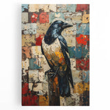 Stretched canvas wall art featuring a detailed design of a crow and raven, showcasing intricate black and gray feathers against a textured background, perfect for bird lovers and modern decor.