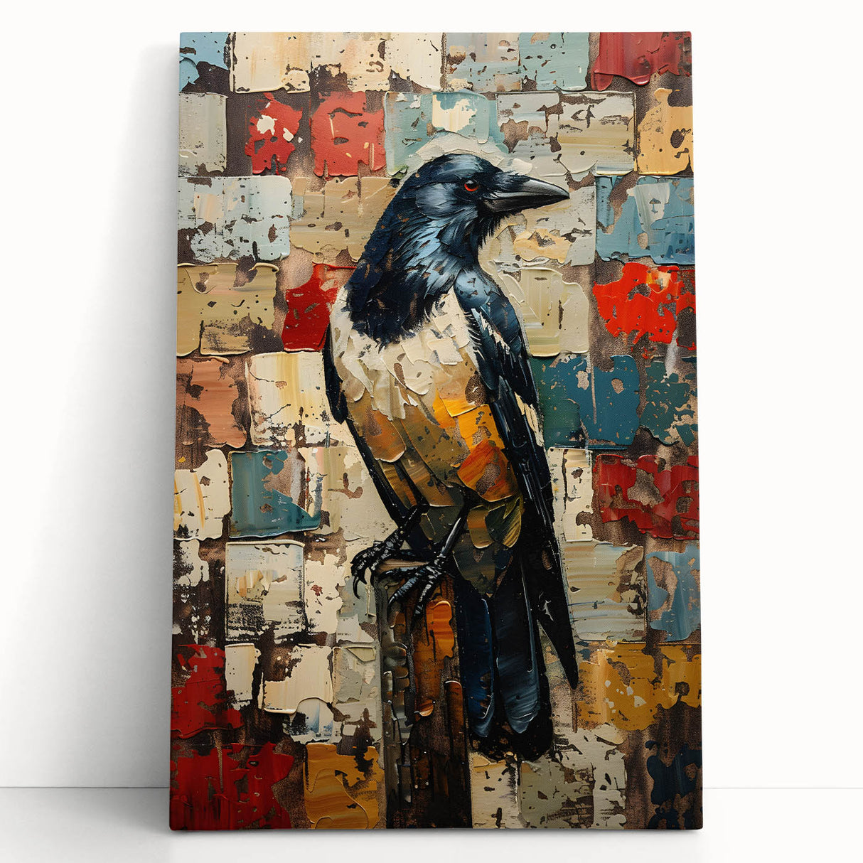 Stretched canvas wall art featuring a detailed crow and raven design, showcasing intricate black and white illustrations, perfect for modern home decor.