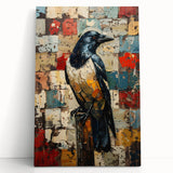 Stretched canvas wall art featuring a detailed crow and raven design, showcasing intricate black and white illustrations, perfect for modern home decor.