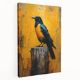Stretched canvas wall art showcasing a detailed design of a crow and raven, featuring intricate black and gray illustrations against a white background, perfect for bird lovers and home decor enthusiasts.