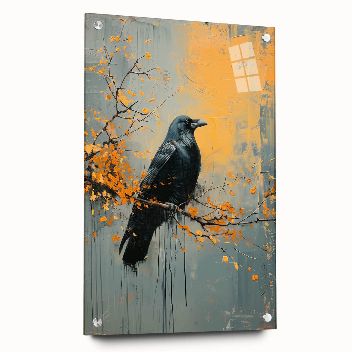 Acrylic wall art featuring a detailed design of a crow and raven, showcased from the side view with visible mounting pins, perfect for modern home decor.