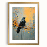 Close-up of a framed wall art piece showcasing a crow and raven design, with a gold mat and frame, perfect for enhancing modern decor in living spaces.