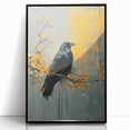 Framed wall art featuring a crow and raven design, set against a sleek black background, showcasing intricate details and vibrant colors, perfect for modern decor.