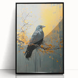 Framed wall art featuring a crow and raven design, set against a sleek black background, showcasing intricate details and vibrant colors, perfect for modern decor.