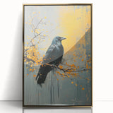 Framed wall art featuring an intricate design of a crow and raven, set against a stylish gold-acrylic background, perfect for modern home decor. This unique piece adds a touch of elegance and nature-inspired aesthetics to any interior space.