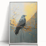 Framed wall art featuring a detailed design of a crow and raven, presented in a sleek white frame with an acrylic front, perfect for modern decor enthusiasts.