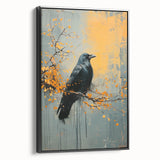 Framed wall art featuring a crow and raven design in black, showcasing intricate details and textures, perfect for enhancing contemporary home decor.