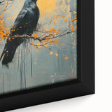 Close-up of a framed canvas artwork depicting a crow and raven design, showcasing intricate details and vibrant colors, perfect for bird lovers and home decor enthusiasts.