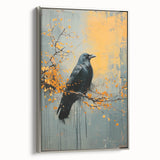 Framed canvas wall art showcasing a striking design of a crow and raven in intricate detail, featuring a sleek silver frame that complements any decor style.