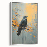Framed canvas wall art featuring a detailed design of a crow and raven, set against a white background, showcasing intricate black and gray illustrations in a modern aesthetic. Perfect for bird lovers and nature enthusiasts.