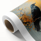 Rolled canvas wall art showcasing an intricate design of a crow and raven, featuring rich black and gray tones, perfect for nature lovers and home decor enthusiasts.