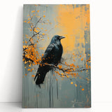 Stretched canvas wall art featuring an intricate design of crows and ravens, showcasing detailed black and gray feathers, perfect for modern decor.